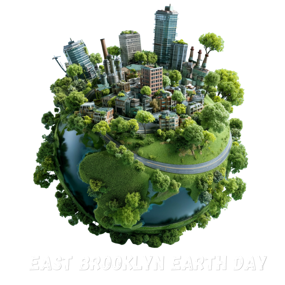 East Brooklyn Earth Day emblem — a green planet with a Brooklyn skyline, trees, and waterways